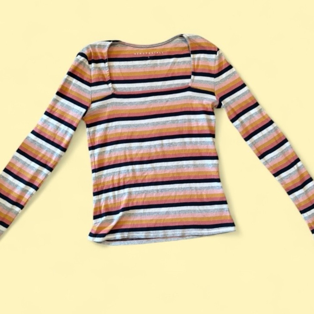 Aeropostale Striped Long Sleeve Square Neck Top Size L